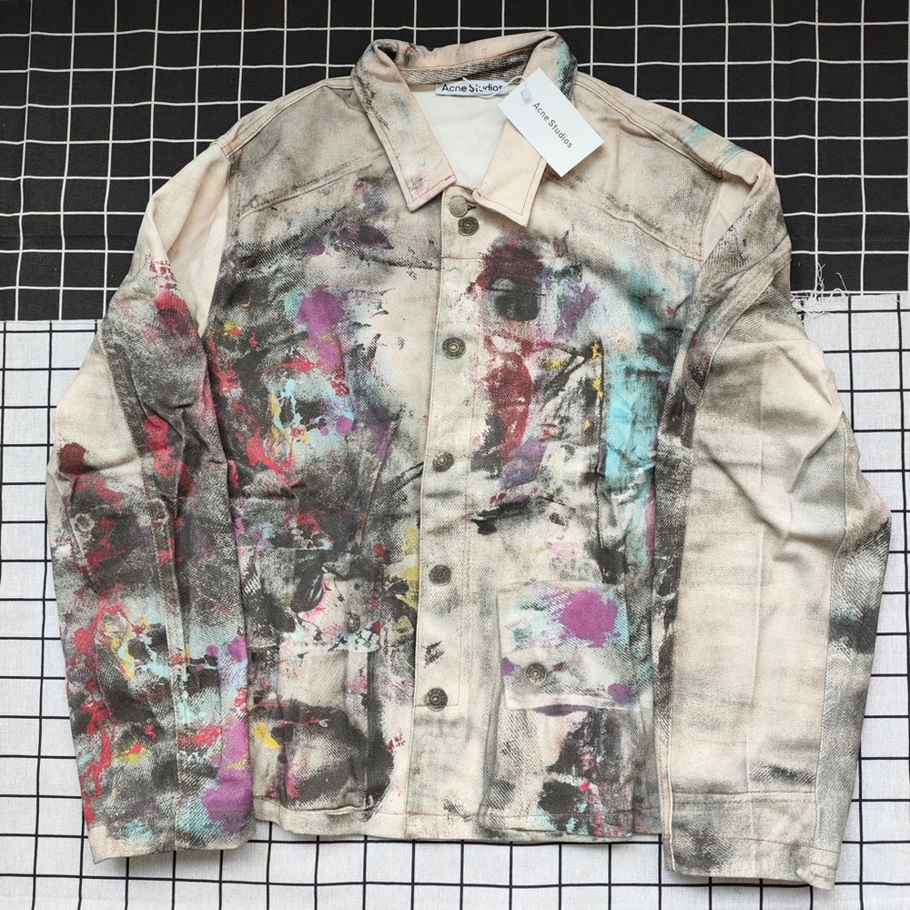 Acne Studios Cream Denim Jacket with Multicolor Paint Splatter